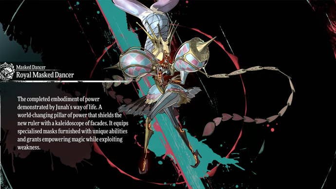 Metaphor ReFantazio screenshot of the Archetypes menu, showing the Royal Masked Dancer Archetype.