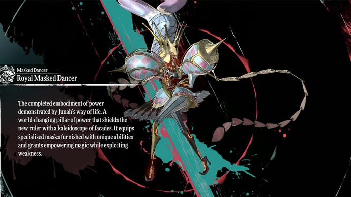 Metaphor ReFantazio screenshot of the Archetypes menu, showing the Royal Masked Dancer Archetype.