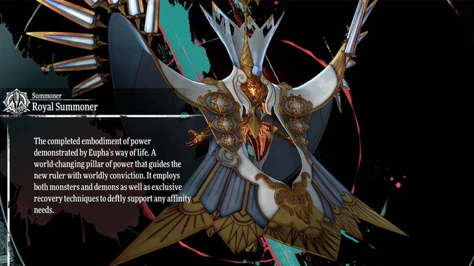 Metaphor ReFantazio screenshot of the Archetypes menu, showing the Royal Summoner Archetype.