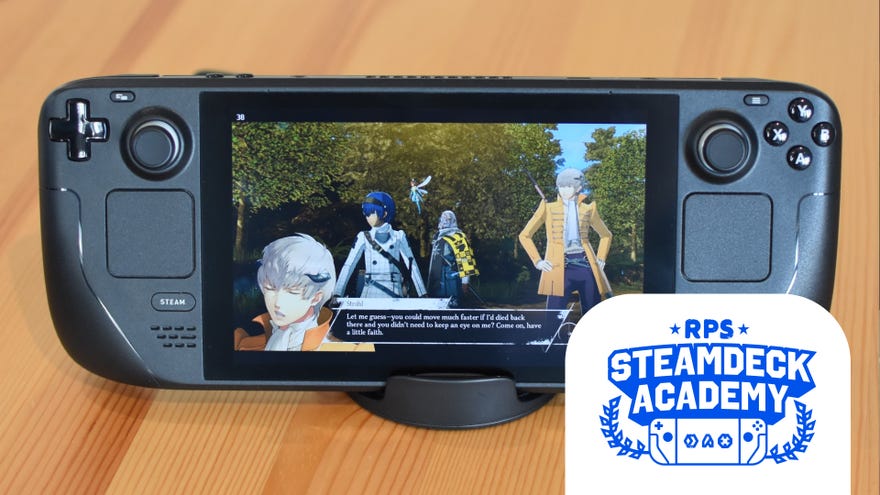 Metaphor: ReFantazio running on a Steam Deck. The RPS Steam Deck Academy logo is added in the bottom-right corner.