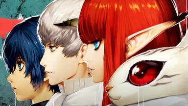 Metaphor ReFantazio image showing four characters - one a rabbit - looking to the side