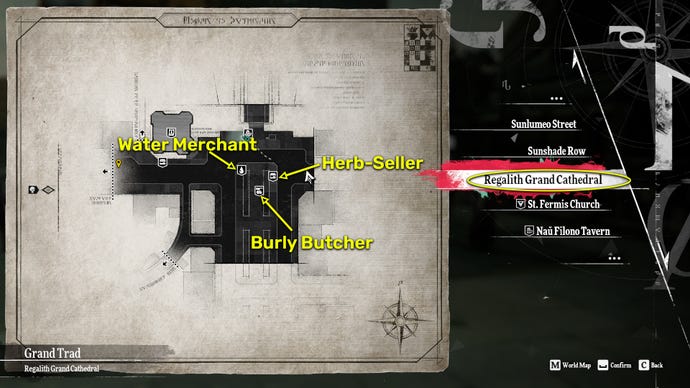 Metaphor: ReFantazio map screenshot of the various market vendor locations near the Cathedral.