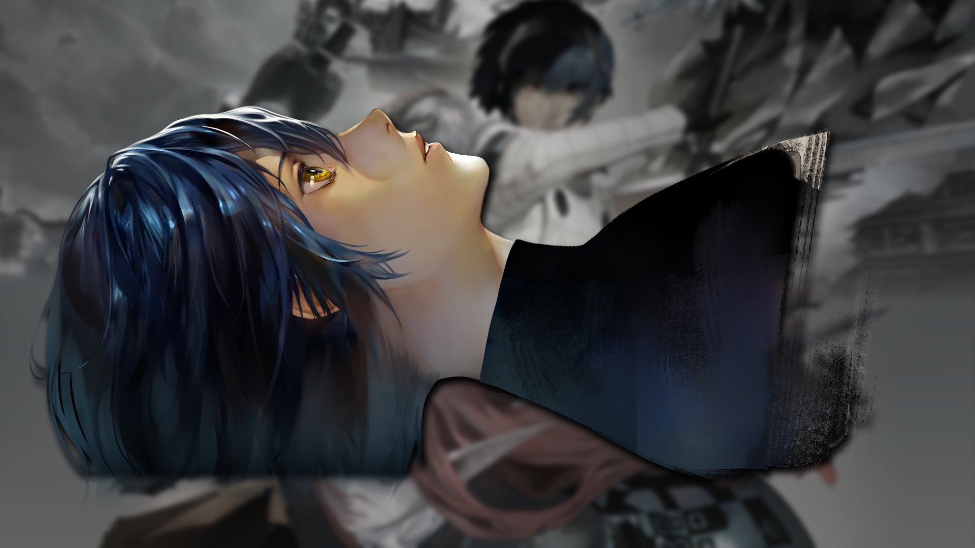 The protagonist of Metaphor ReFantazio over a blurred image of key art from the game.