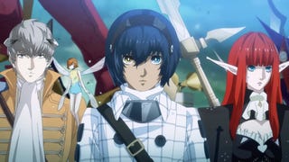 Close up on three Metaphor characters, with blue-haired male protagonist in the centre and fairy companion