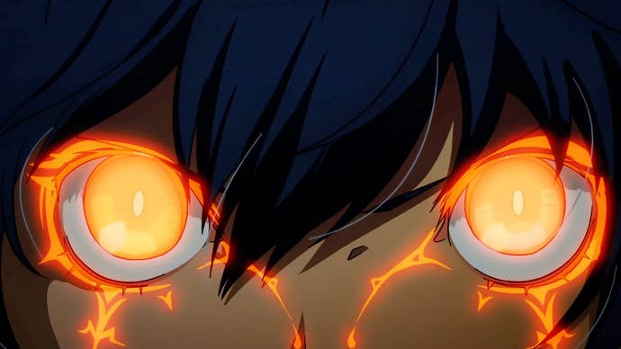 Extreme close up of Metaphor blue haired protagonist’s eyes glowing orange