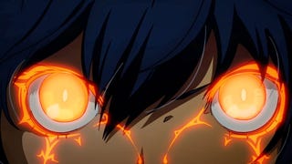 Extreme close up of Metaphor blue haired protagonist's eyes glowing orange