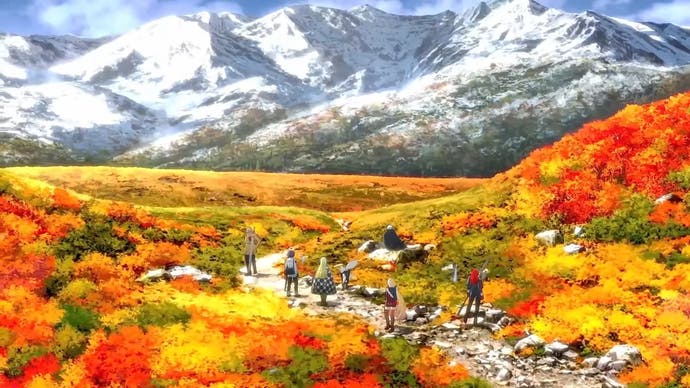 Metaphor: ReFantazio screenshot of anime sequence showing rich autumnal landscape and icy mountains in the distance