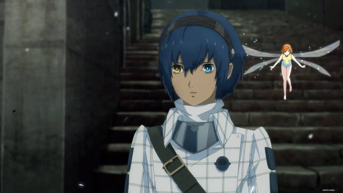 Metaphor: ReFantazio screenshot of anime cutscene showing blue-haired protagonist and fairy companion