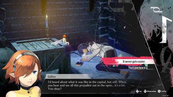 Metaphor: ReFantazio screenshot showing lead character lying on a bed with dialogue from fairy companion
