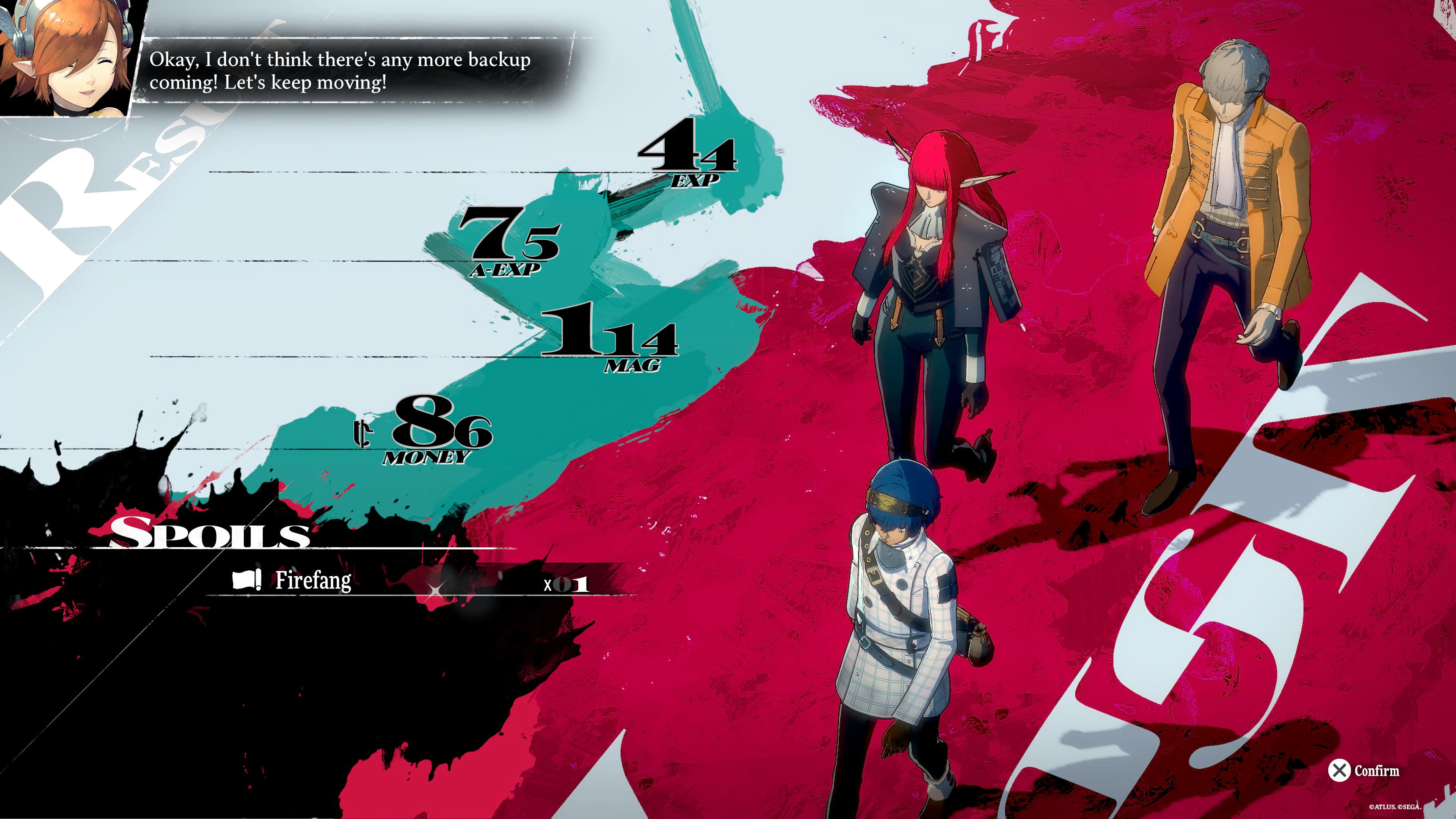 Post battle scene from Metaphor: ReFantazio showing characters walking slowly and gaining experience