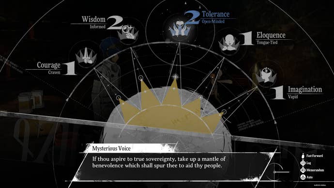 Metaphor: ReFantazio screenshot showing the five kingly attributes in a menu: courage, wisdom, tolerance, eloquence, and imagination