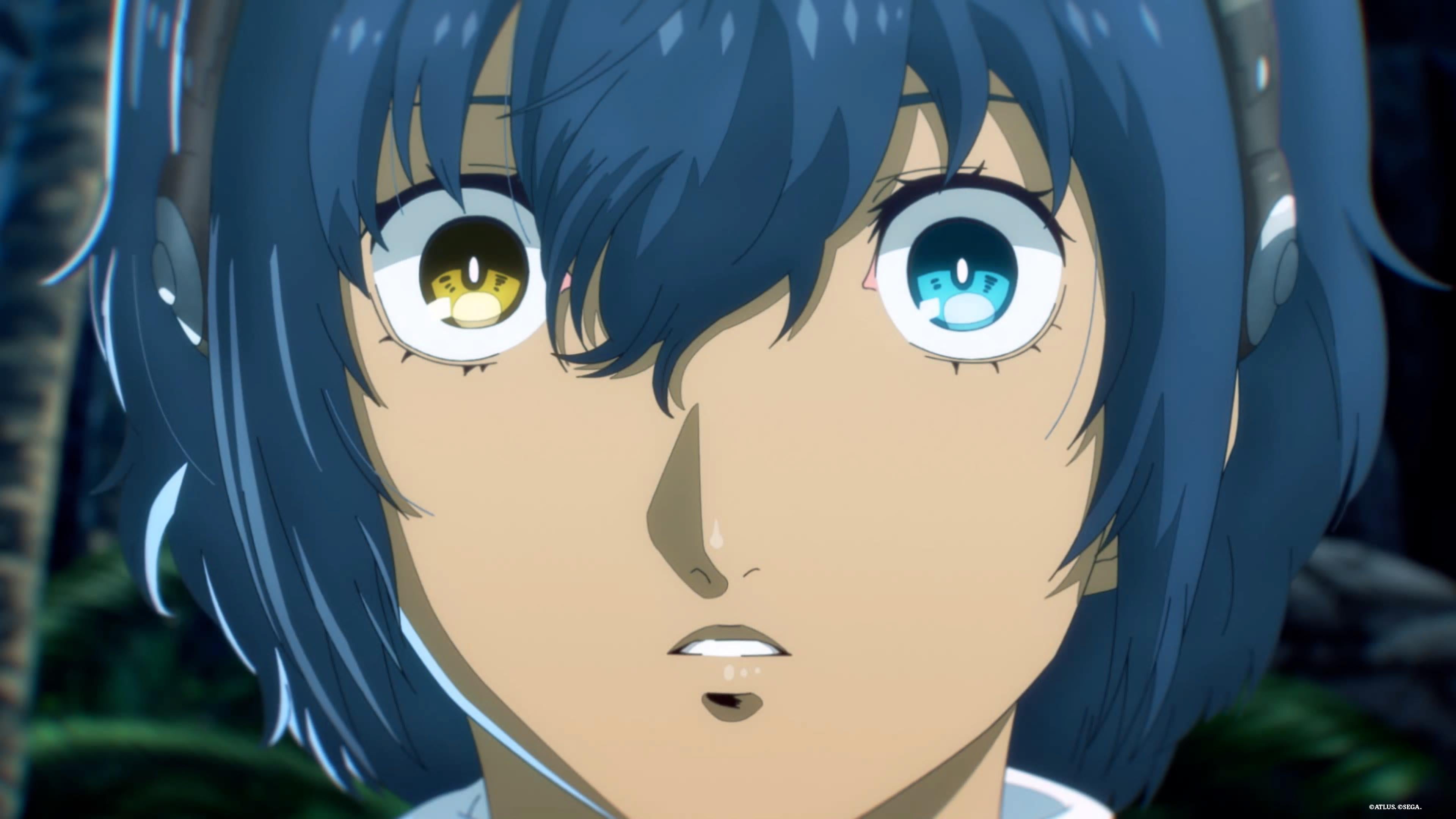Metaphor: ReFantazio screenshot showing extreme close-up of blue-haired protagonist boy looking surprised