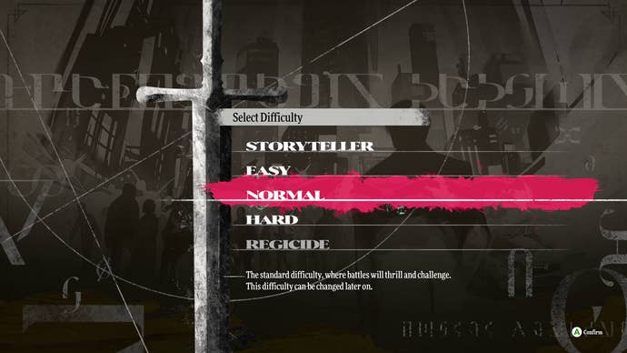 A list of difficulties in Metaphor ReFantazio - Storyteller, Easy, Normal, Hard and Regicide.