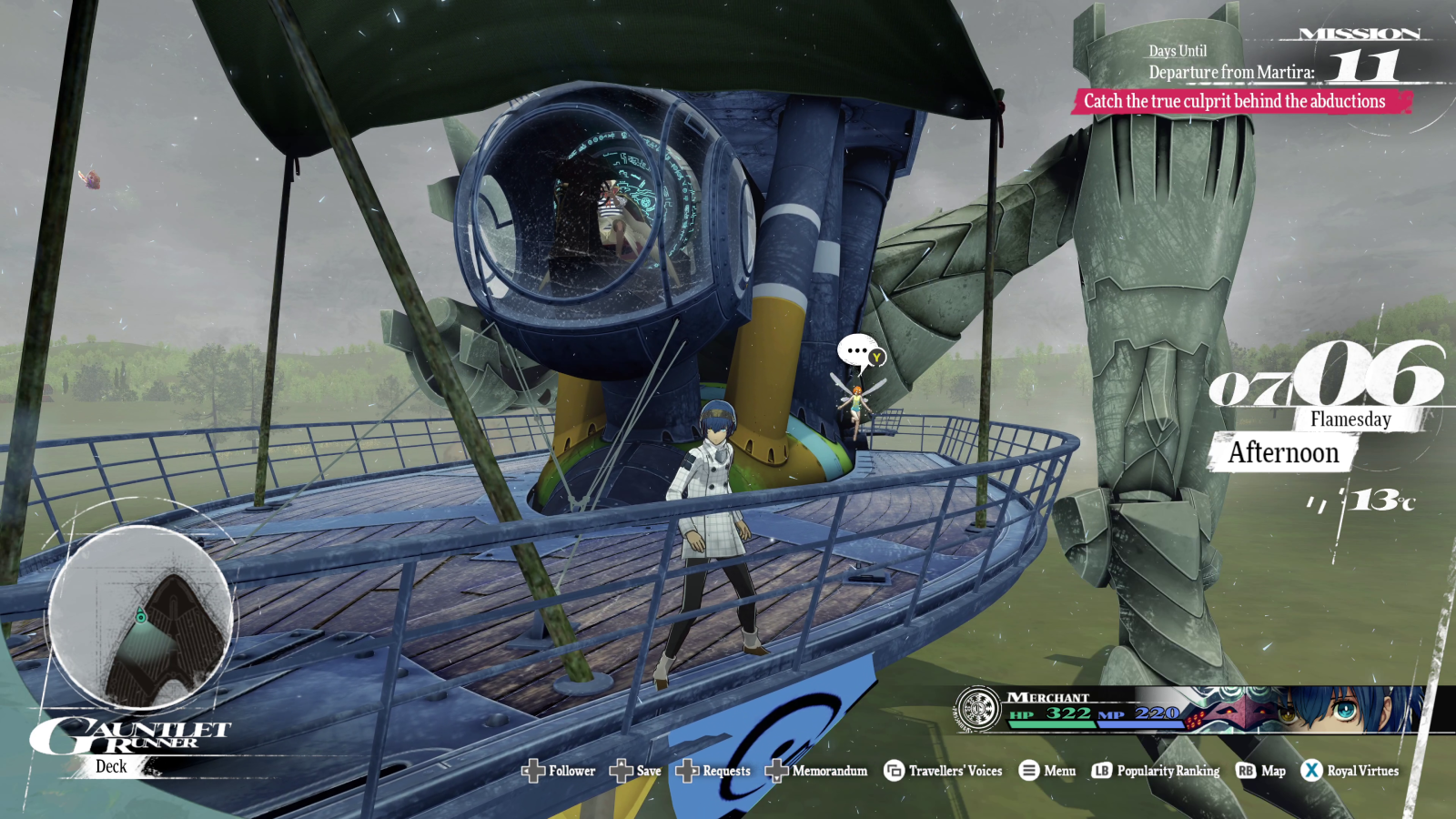 Metaphor screenshot showing blue-haired protagonist standing on platform of giant vehicle with legs