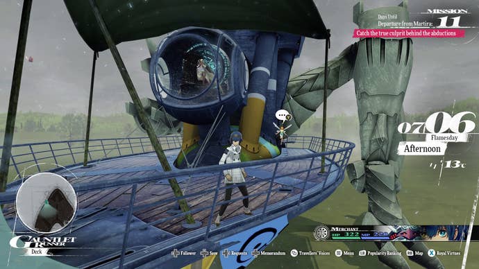 Metaphor screenshot showing blue-haired protagonist standing on platform of giant vehicle with legs