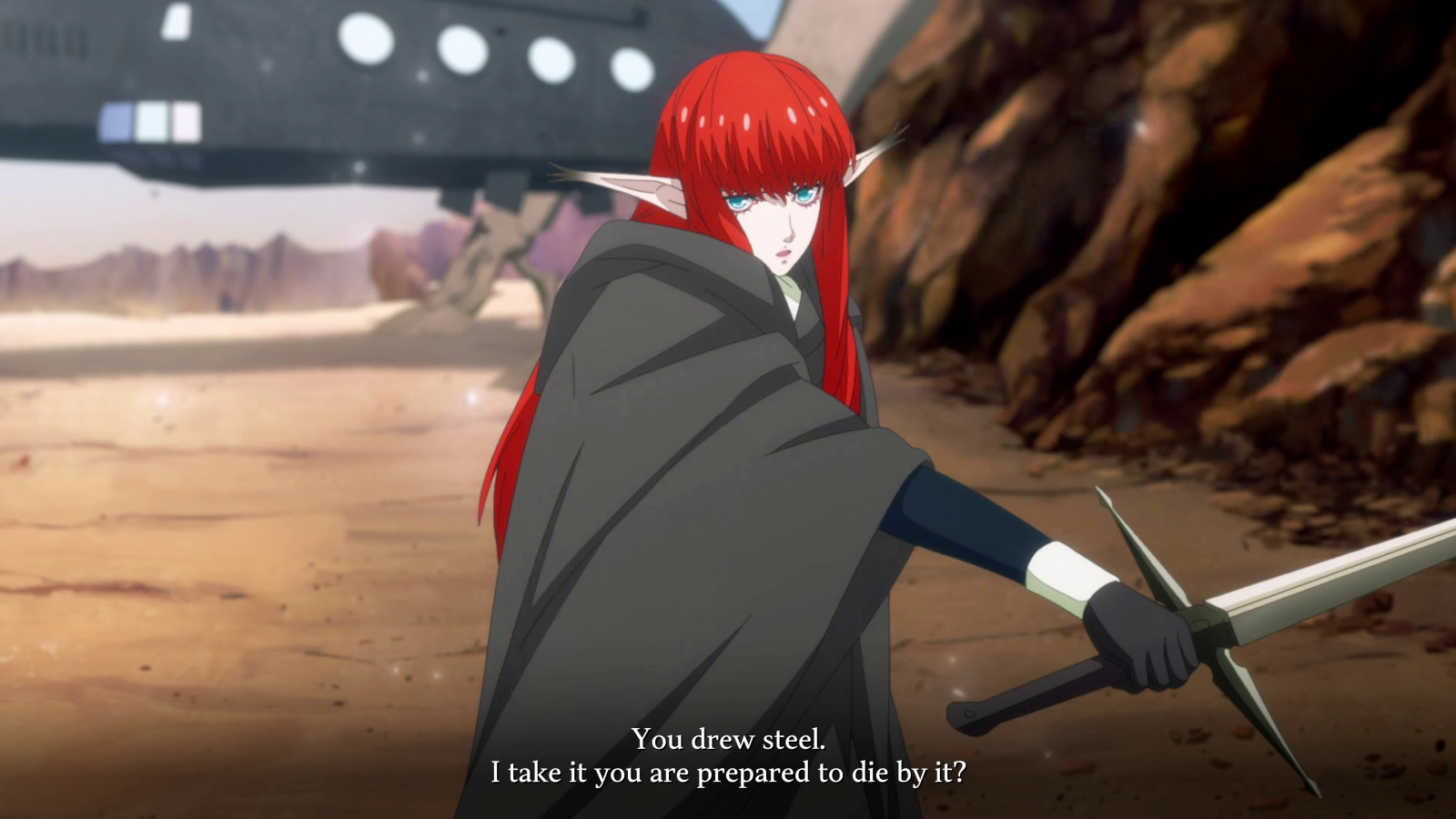 Screenshot of animated scene from Metaphor showing red-headed elf with sword