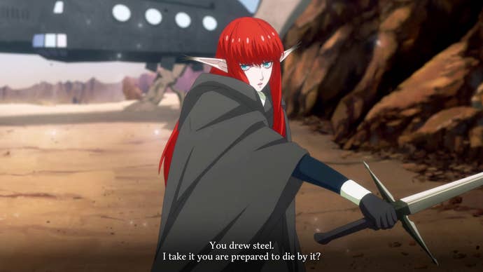 Screenshot of animated scene from Metaphor showing red-headed elf with sword