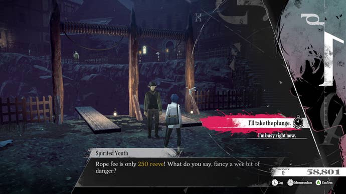 Day-to-day life scene in Metaphor ReFantazio: a man offers you a go at bungee jumping for 250 coins.