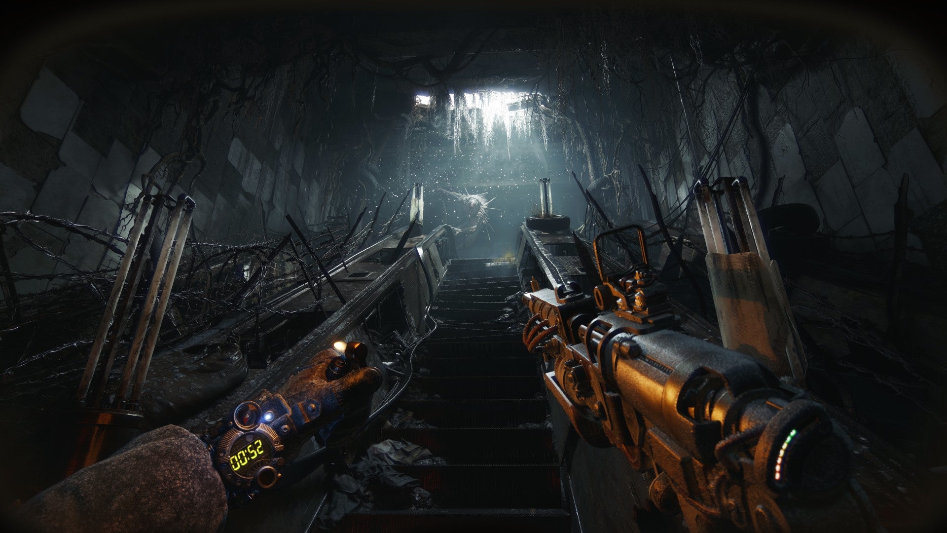The Stranger is pursued by a mutant through a tunnel in Metro 2039.
