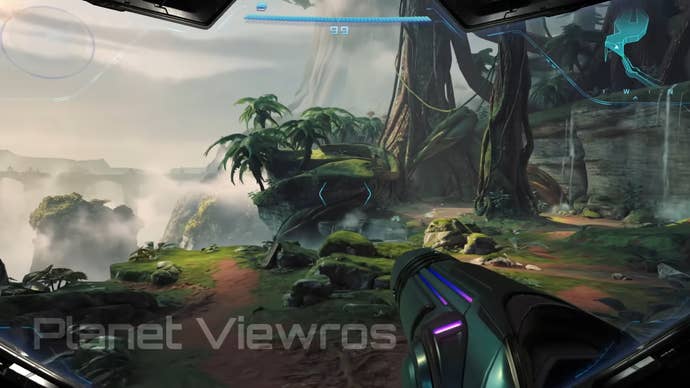 Metroid Prime 4 screenshot showing first person view of a lush jungle vista with “Planet Viewros” in the bottom left corner