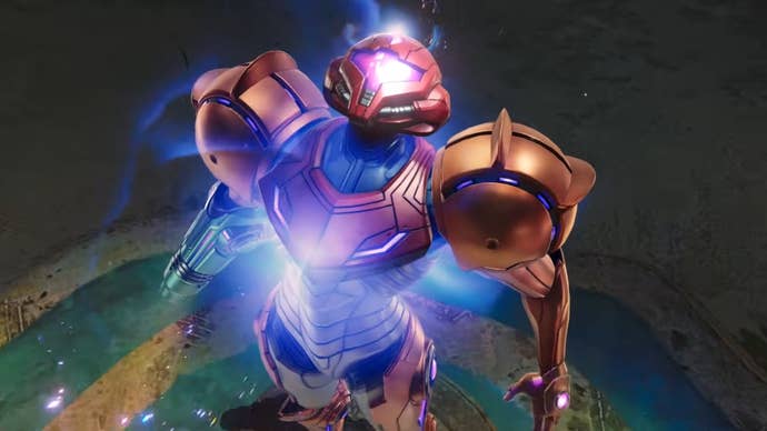 Metroid Prime 4 screenshot showing Samus lifting into the air with purple light