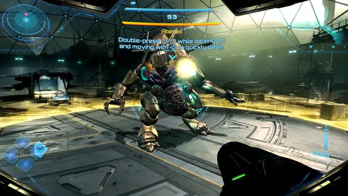 Metroid Prime 4 screenshot showing first person view against Aberax boss with glowing weak points