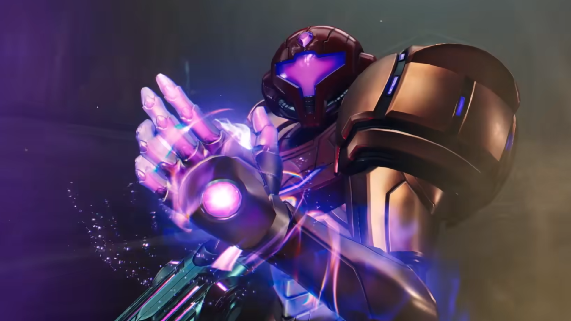 Metroid Prime 4: Beyond trailer screenshot showing sci-fi suited Samus Aran holding up hand with purple energy
