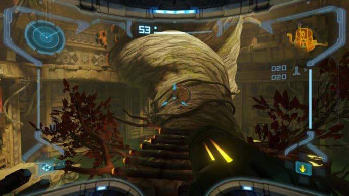 Samus looks at a rune that needs scanning in Metroid Prime Remastered