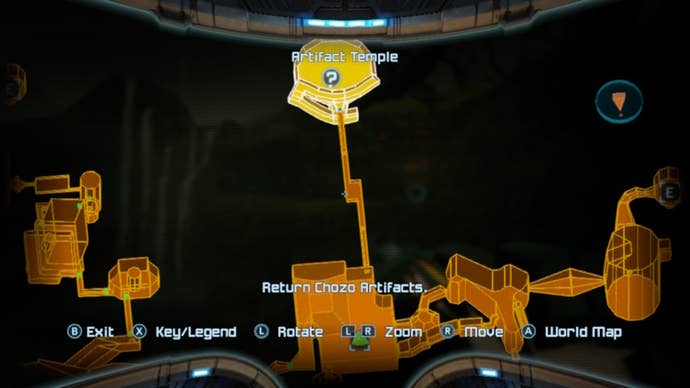 A map of Tallon Overworld in Metroid Prime Remastred, showing the location of the Artifact Temple