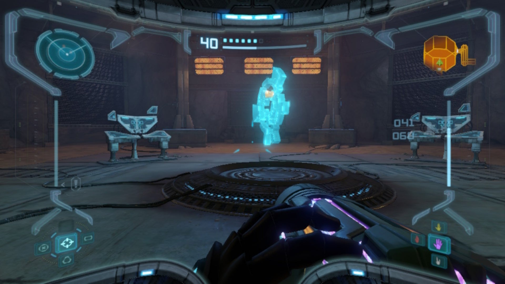 Samus looks at an artifact in a broken Elite tank in Metroid Prime Remastered - 18