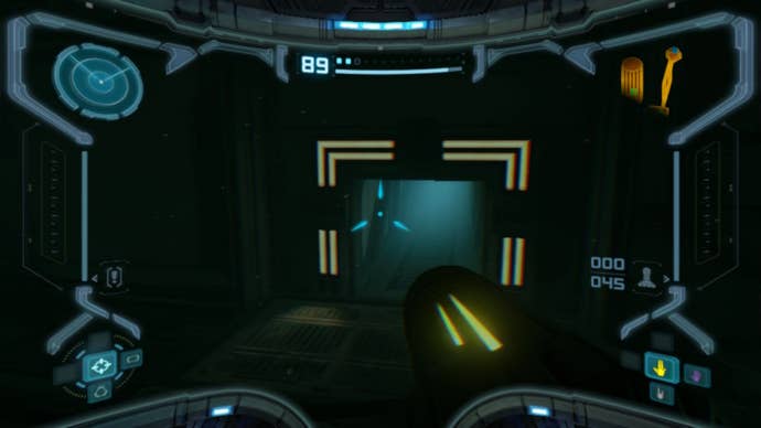 Samus looks at a morph ball tunnel in Metroid Prime Remastered