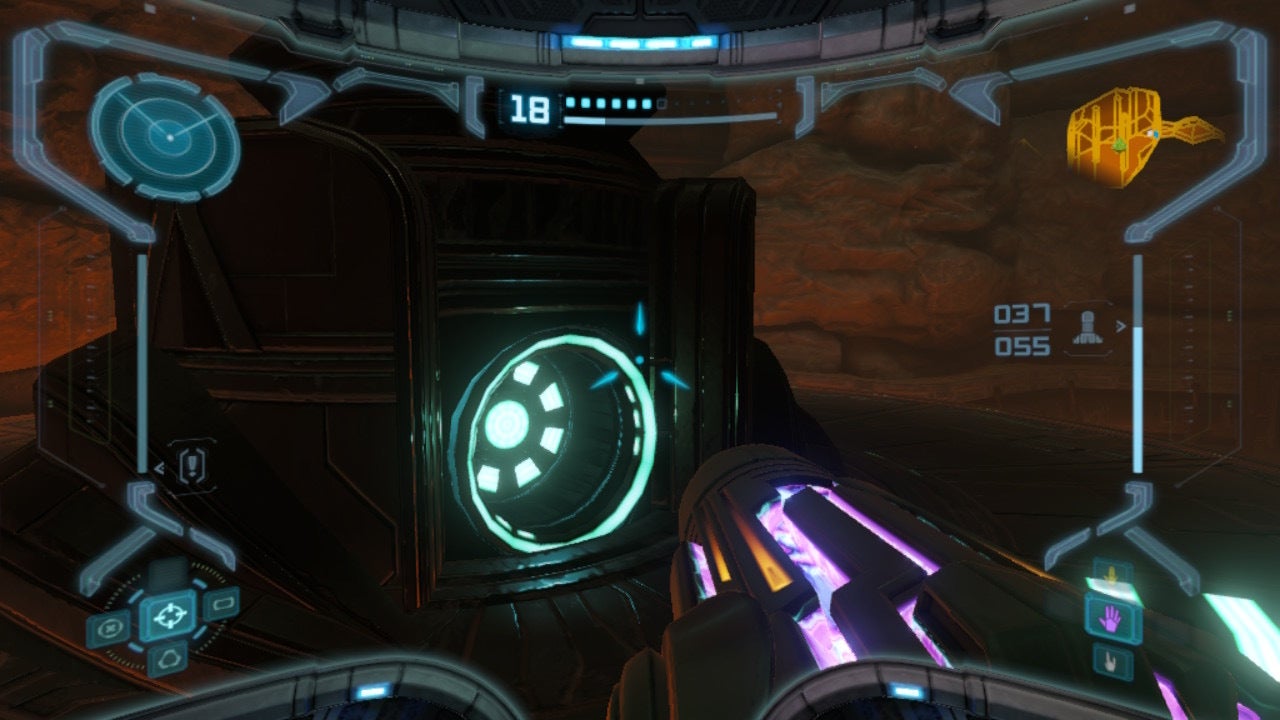 Samus faces a Morph Ball spinning slot in Metroid Prime Remastered