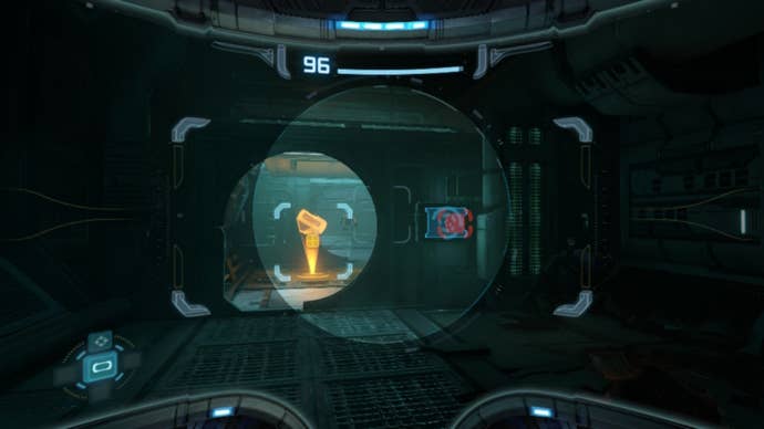 Samus uses an elevator in Metroid Prime Remastered