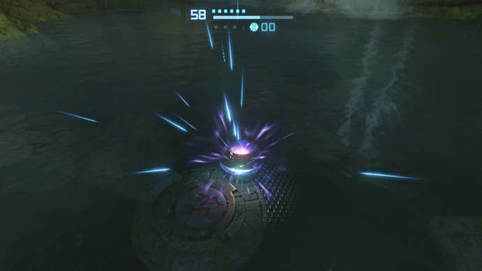 Samus uses a Morph Ball Power Bomb on a drain in Metroid Prime Remastered