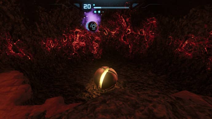 Samus faces an Energy Tank in Metroid Prime Remastered