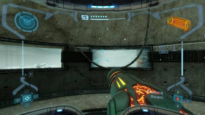 Samus aims at a frozen window in Metroid Prime Remastered