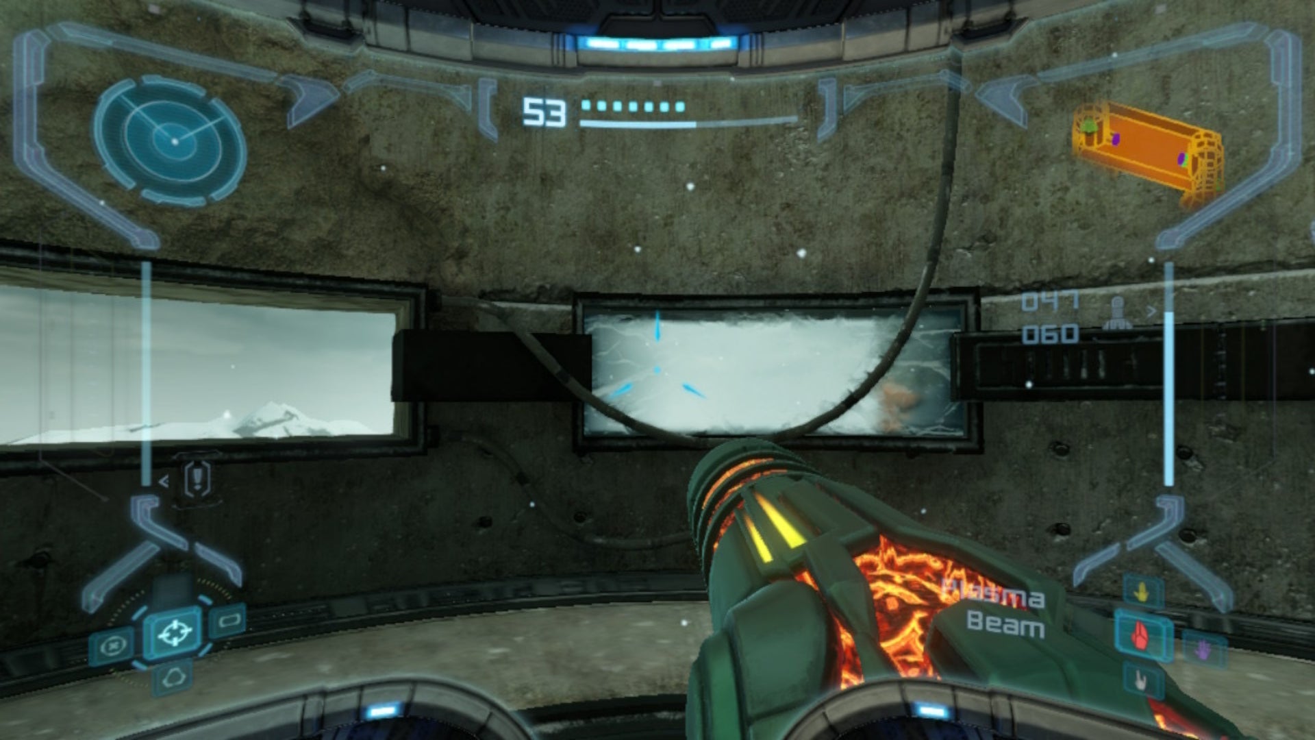 Samus aims at a frozen window in Metroid Prime Remastered - 12