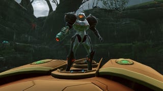 Samus stands on her Gunship at the Landing Site in Metroid Prime Remastered