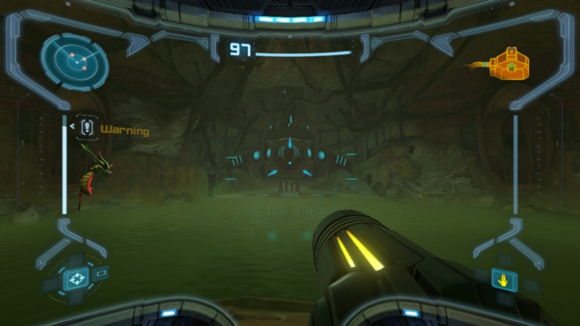 Samus aims at the Hive Mecha in Metroid Prime Remastered