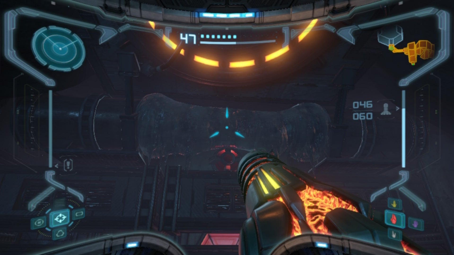 Samus aims the Plasma Beam at an ice barrier in Metroid Prime Remastered