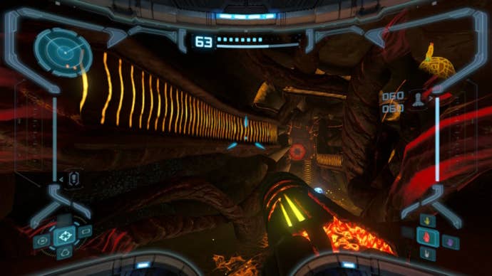 The player looks at a complex Spider Ball track in the Impact Crater of Metroid Prime Remastered