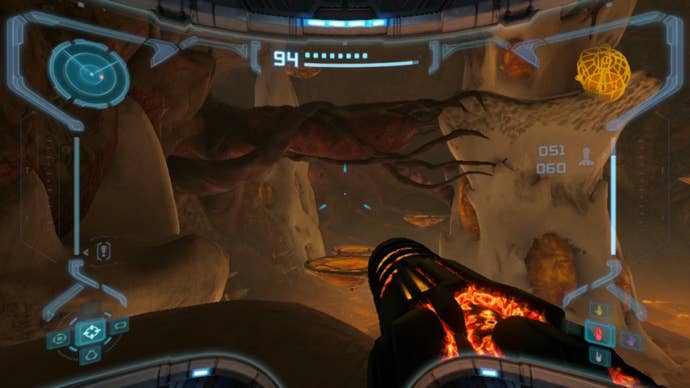 The player looks toward some platforms in the Impact Crater area of Metroid Prime Remastered