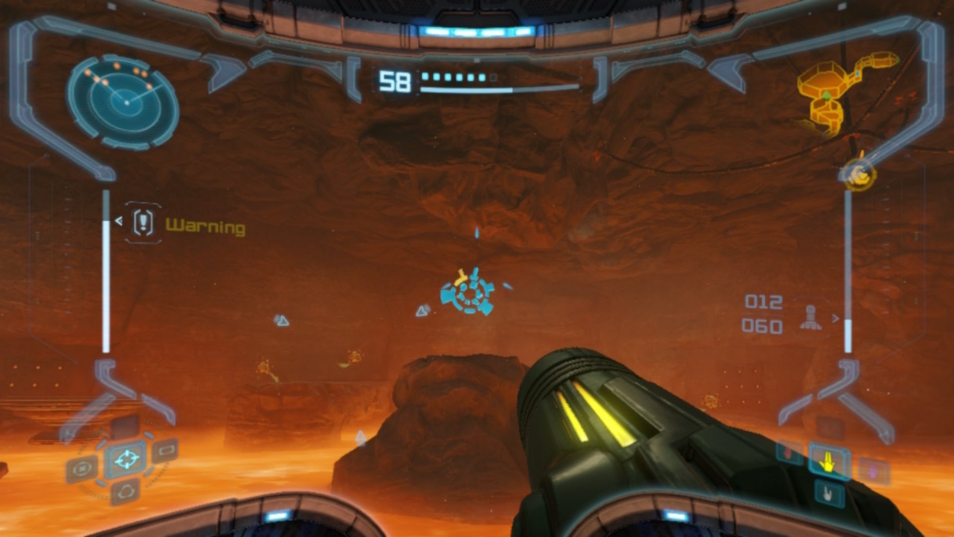 Samus looks at a newly-revealed artifact in a destroyed pillar in Lava Lake in Metroid Prime Remastered