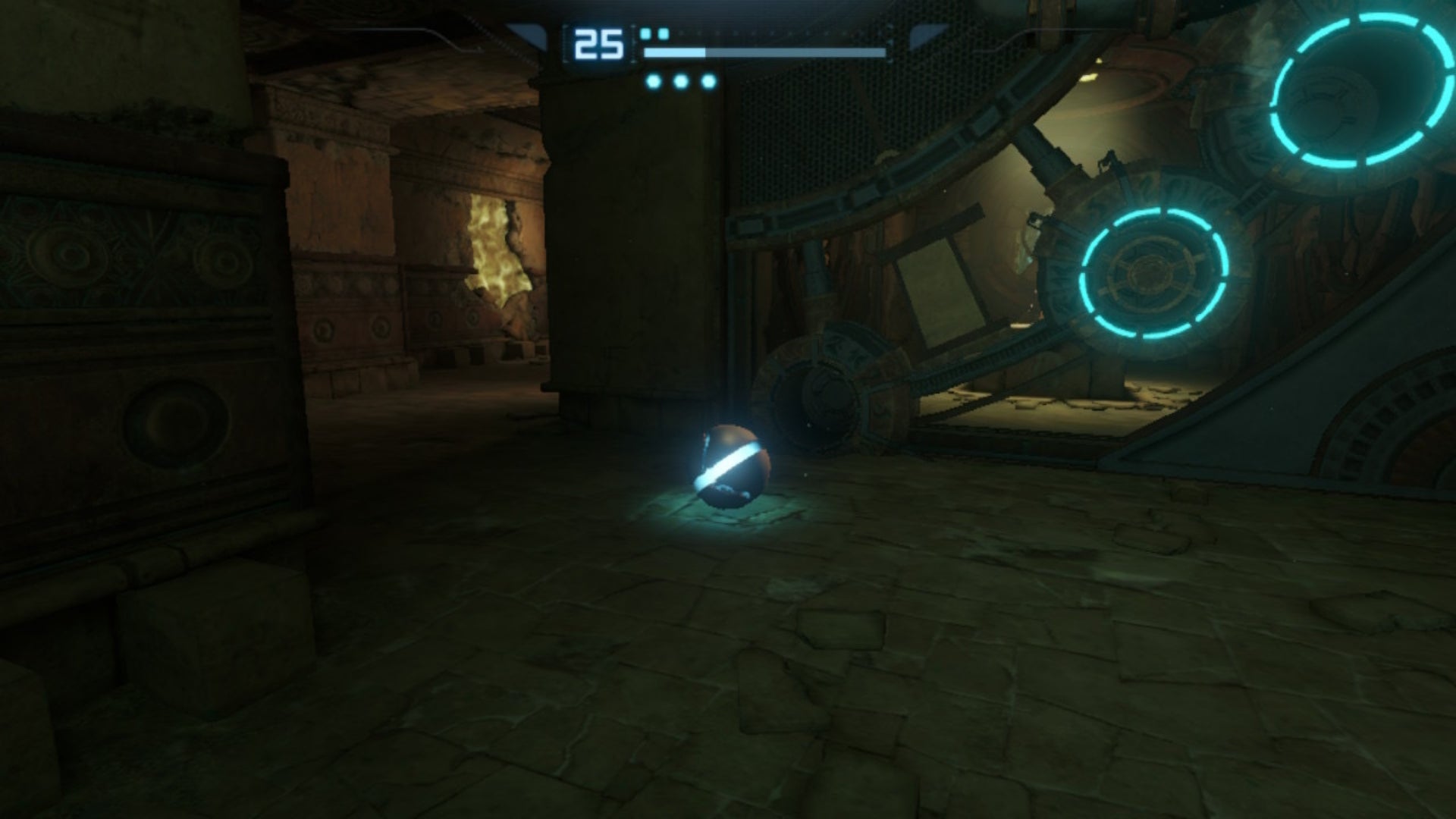 In Morph Ball form, Samus stands beside a gate with three locks in Metroid Prime Remastered - 11