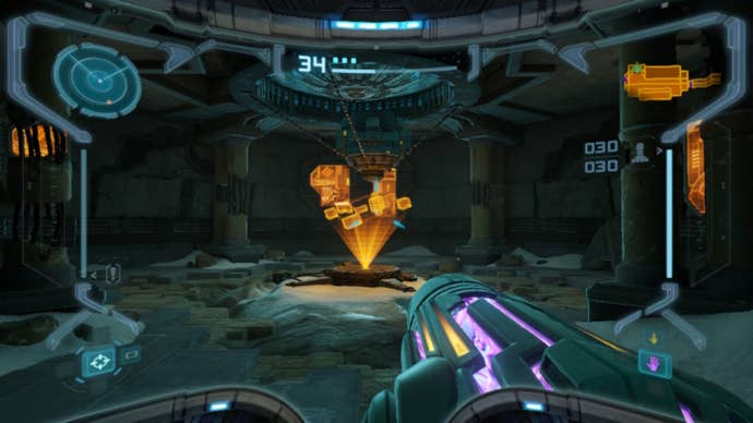 Samus looks on at a map station in Metroid Prime Remastered