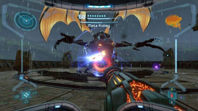 The player fights with Meta Ridley in the first phase in Metroid Prime Remastered