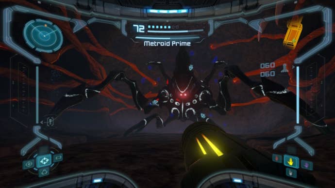 The player looks at boss, Metroid Prime, in Metroid Prime Remastered