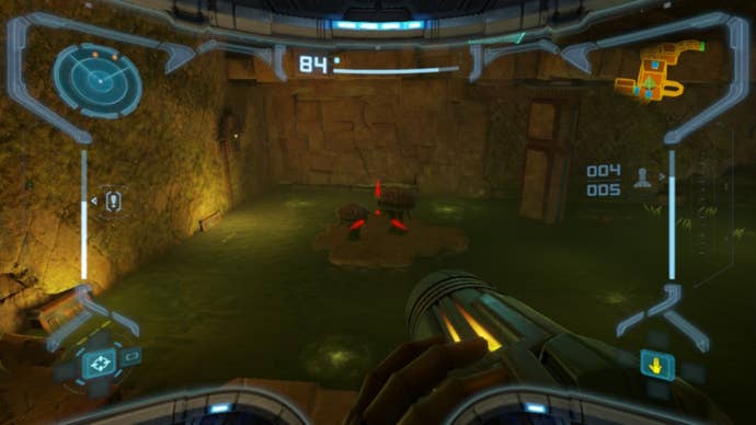 Samus aims at some mushrooms in Metroid Prime Remastered