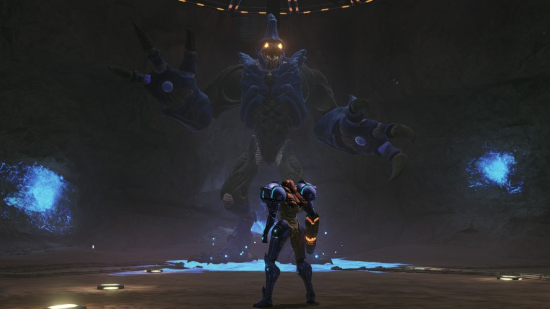 Samus faces the Omega Pirate in Metroid Prime Remastered