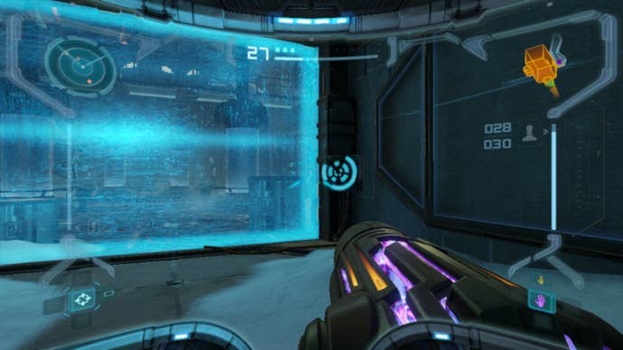 Samus looks at a panel that needs scanning in Metroid Prime Remastered